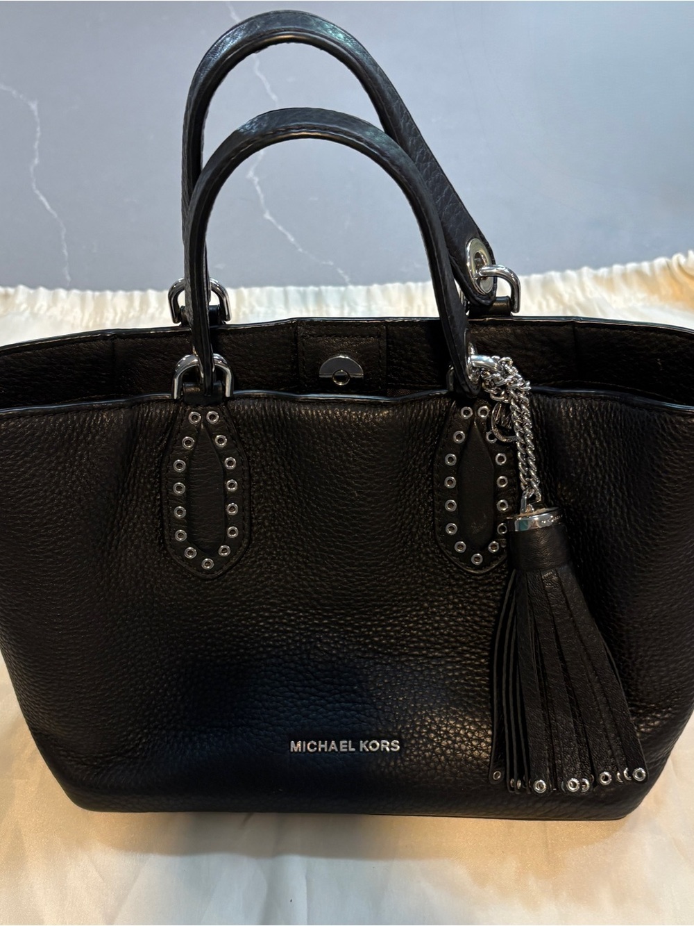 Michael Kors Black Pebbled Leather Satchel with Tassel